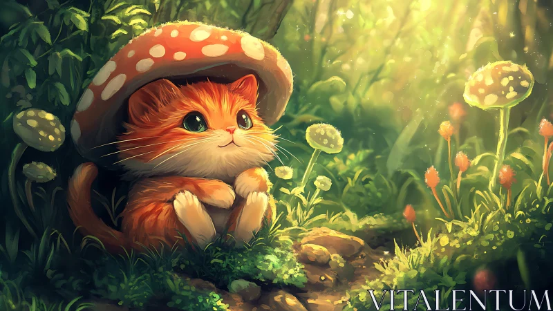 Mushroom-sheltered kitten rests in glowing forest light.