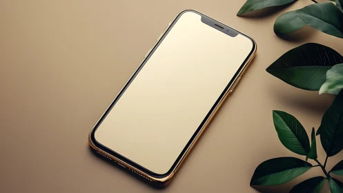 Golden smartphone meets verdant whispers amid minimalist serenity.