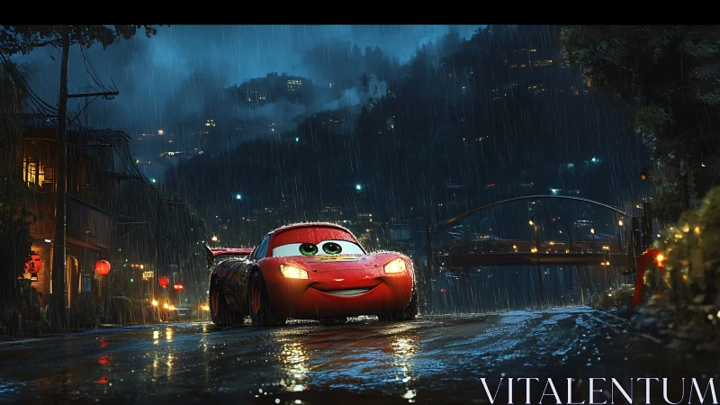Red cartoon car on wet city street in nighttime rain scene.
