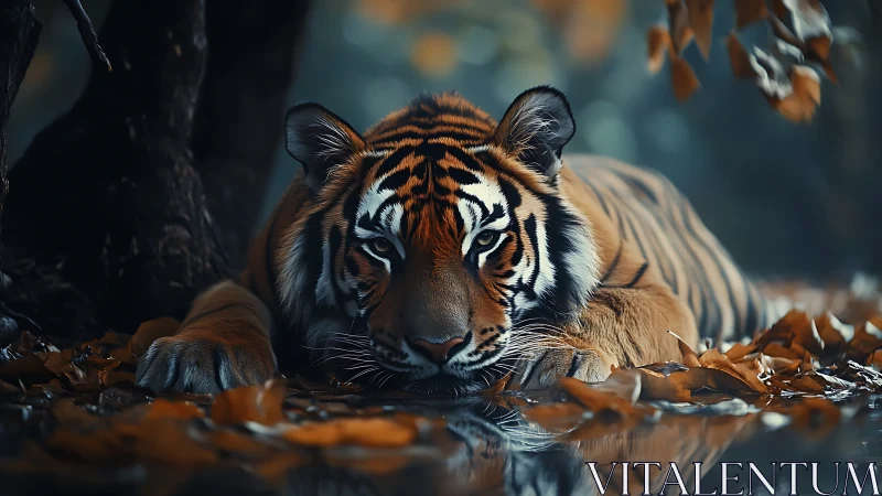 Resting tiger watches forest pool with low intense gaze