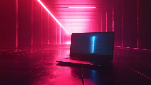 Neon-lit laptop in vaporwave tunnel with glitching display.