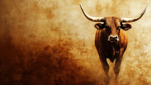 Longhorn bull stands centered against textured brown wall
