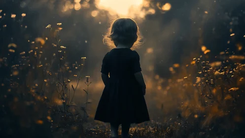 Backlit child stands in narrow field path at dusk