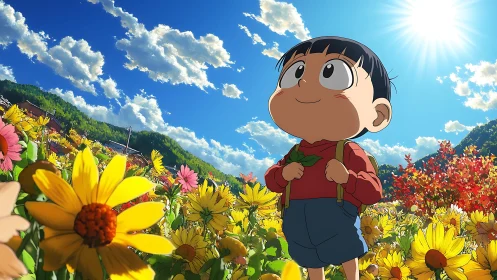 Wide-angle anime child portrait in sunlit mountain flower field