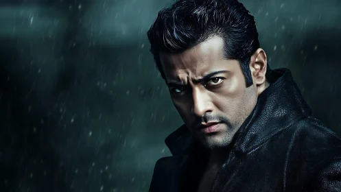 Intense man in black coat stares through rainy night