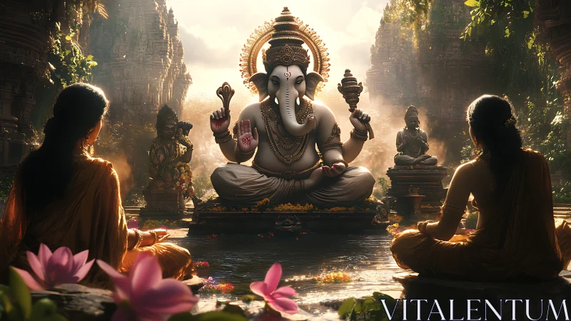 Golden Ganesha statue radiates calm over lotus temple pool