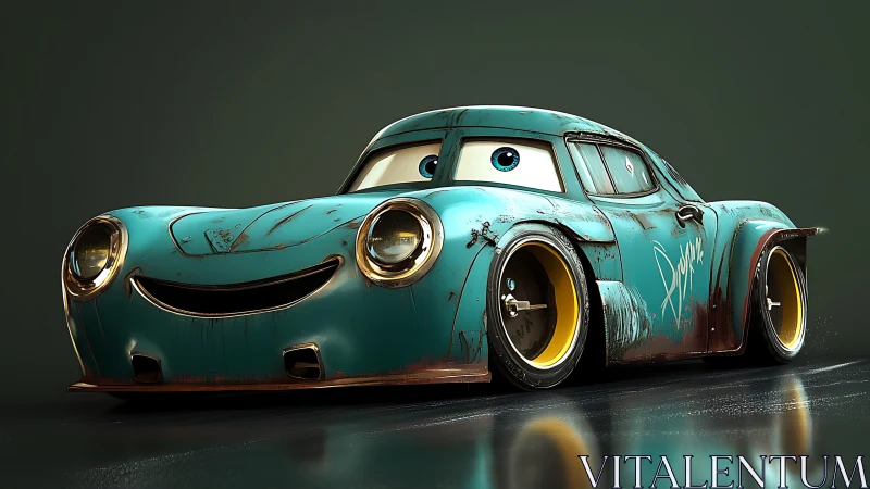 Cartoonish teal race car with rusted bodywork smiles forward