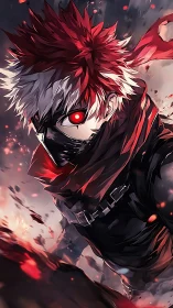 Masked red haired anime fighter in dynamic action scene.