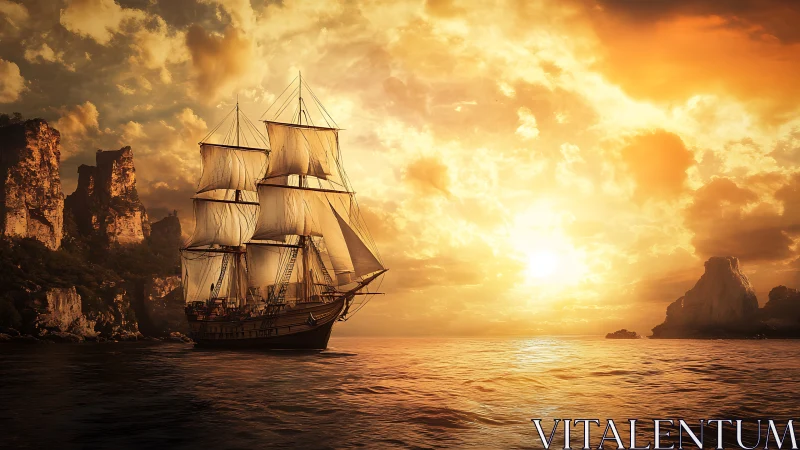 Golden-hour tall ship seascape with dramatic coastal silhouettes.