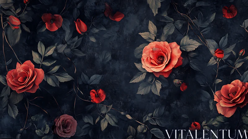 Dark Floral Composition: Red Roses Against Textured Charcoal.