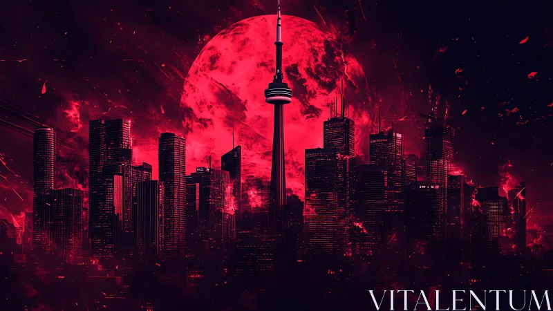 Scarlet moon looms over futuristic Toronto skyline at night