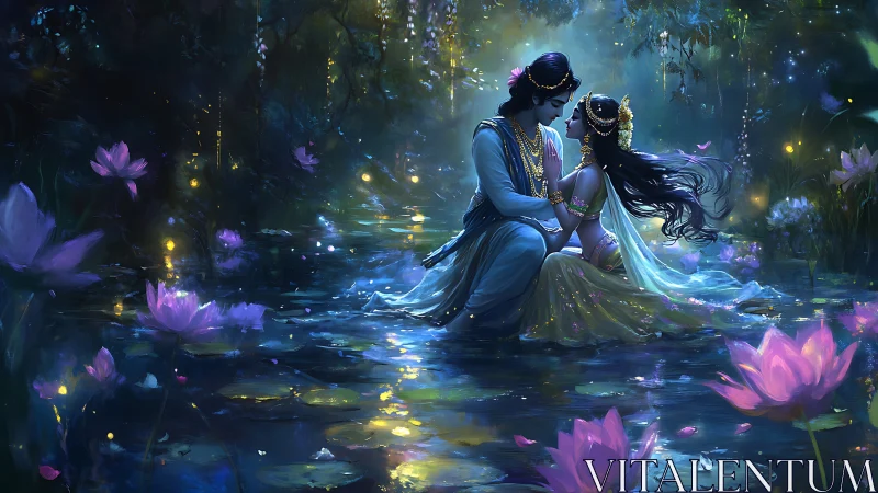 Ethereal encounter in luminescent waters amid blooming nocturnal flora.