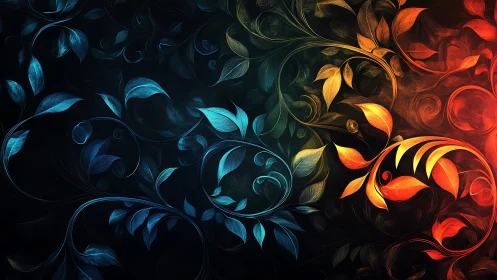 Digital painting of luminous dual-tone botanical scrollwork.