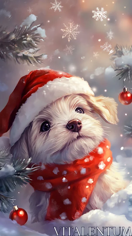 Christmas puppy glows under snowfall in festive portrait.