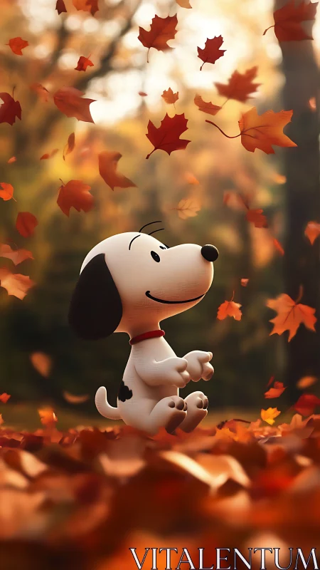 Cartoon beagle enjoys swirling autumn leaves in forest.