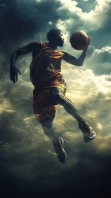 Basketball player suspended midair against stormy sky.