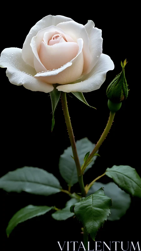 Cream rose in dewy bloom glows softly against black backdrop