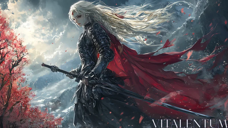 Armored female warrior with sword in stormy mountain pass.