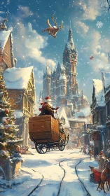 Santa rides flying sleigh wagon above snowy festive town