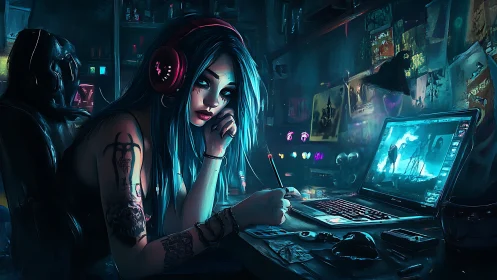 Neon haired digital artist quietly shapes a cyberpunk world