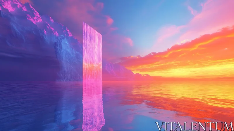 Iridescent monolith portal in neon glacial seascape sunset