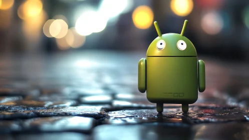 Green android mascot stands on wet cobblestones at night