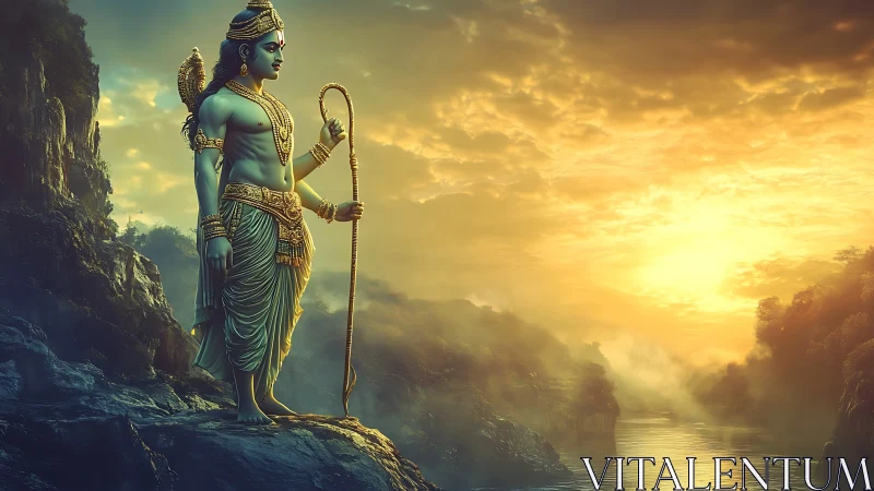 Mythic blue-skinned figure beside misted river at sunrise.