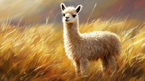 Fluffy young alpaca standing in golden sunlit grassland.