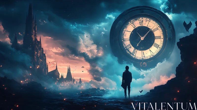 Colossal sky clock over lone traveler in ethereal dusk.