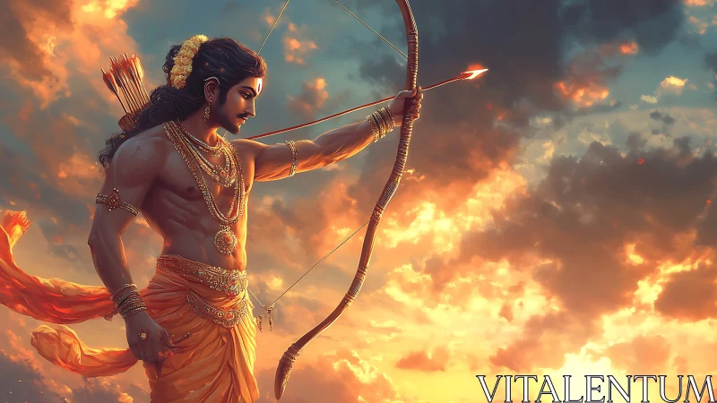 Mythic archer poised against blazing sunset sky.