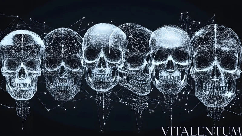 Digital wireframe skulls in a row, futuristic abstract style.