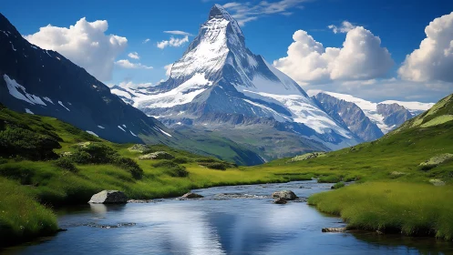 Snowy mountain peak rises above clear river and green valley