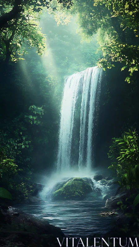 Sunlit forest waterfall over mossy rocks into pool.
