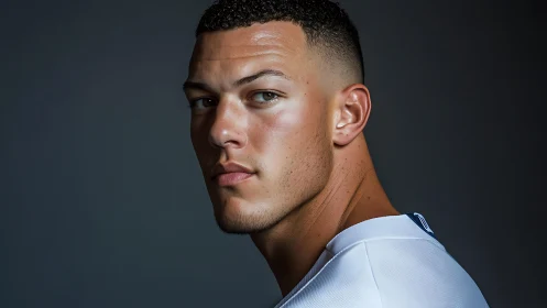 High-contrast athletic portrait with controlled studio lighting.