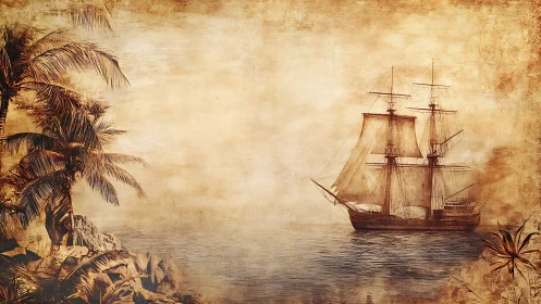 Old sailing ship passes rocky tropical shoreline in sepia tones