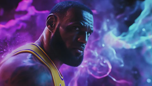 Intense basketball portrait glows in neon smoke and light