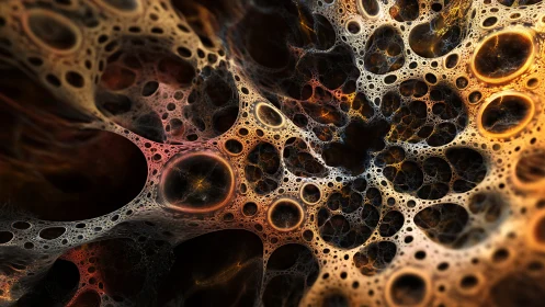 Fractal cellular voids glow with molten golden light