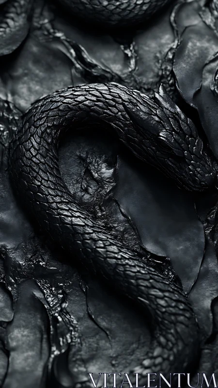 Midnight serpent resting on ripples of shadowed stone.