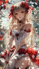 Rose-crowned girl glows softly in a sunlit enchanted garden