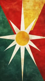 Geometric sunburst over textured tricolor background.