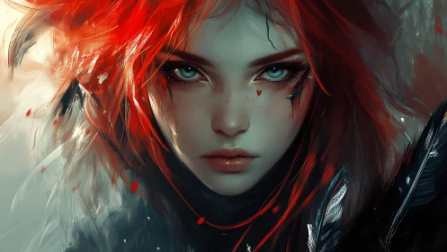 Fierce red‑haired muse with stormy eyes and quiet fire.