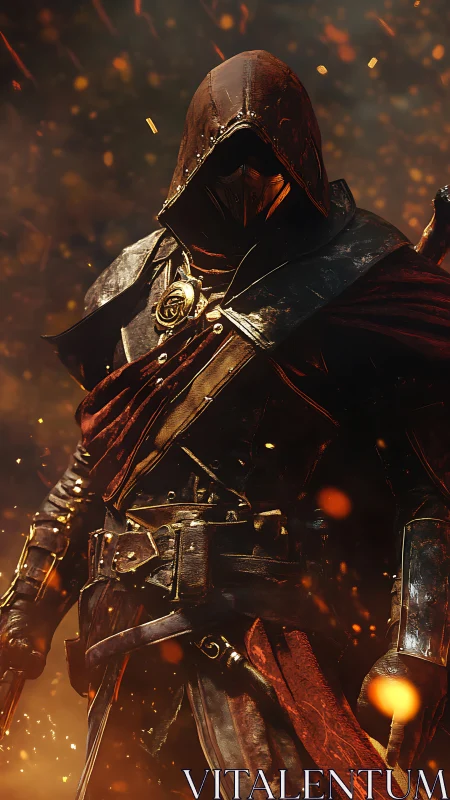 Hooded armored warrior framed by ember-lit volumetric particles