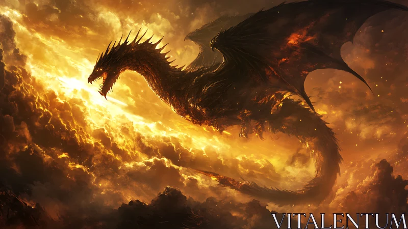 Infernal dragon silhouette soaring through molten storm clouds.