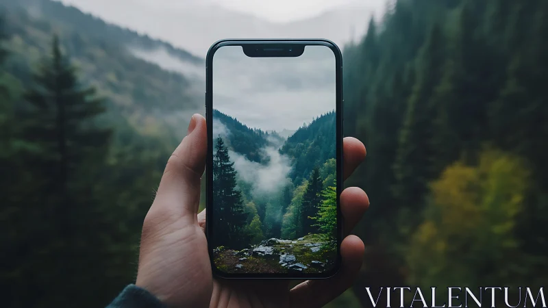 Smartphone landscape framing: mountain valley forest photography through mobile device screen