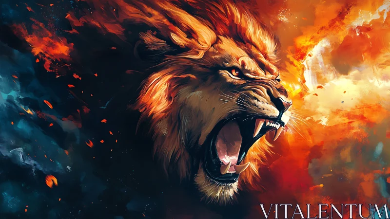 Dynamic digital painting of roaring lion in fiery motion.