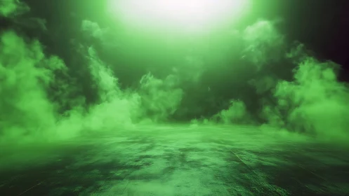 Volumetric green fog over reflective ground under diffused light
