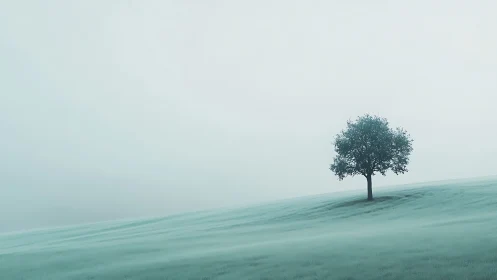 Minimalist tree on misted hillside in soft-focus photorealism.