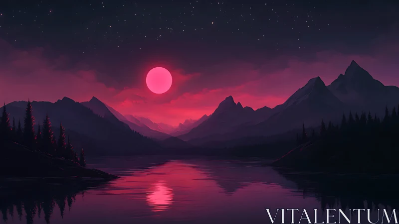 Crimson moon bathes tranquil mountain lake in surreal light.