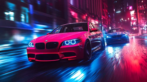 Two performance cars move through neon lit wet city street