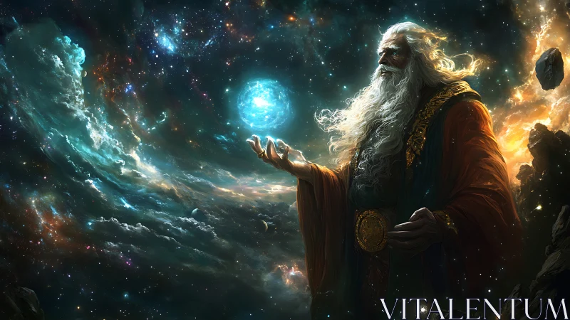 Elder figure holding glowing orb within cosmic landscape.